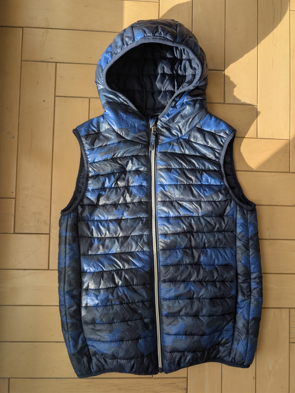 Blue/Navy Hooded Puffer Vest, Size 11-12, Excellent Condition